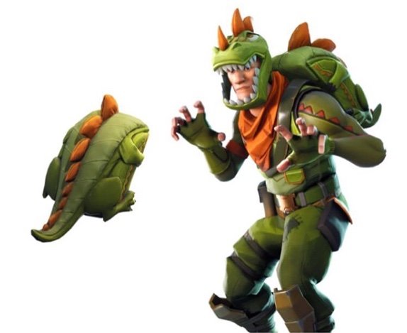 these include a rex outfit scaly back bling legendary radiant striker presumably epic 2 brilliant striker outfits rare and a motorcyclist - fortnite rex backpack