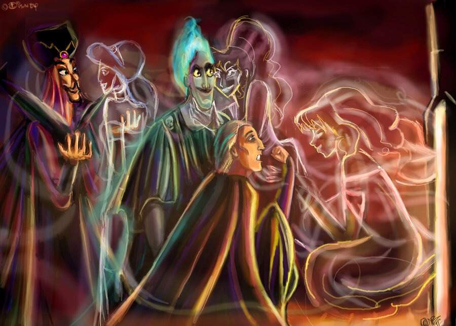 Scar, Hades, Jafar, Frollo and Rasputin in their version of hellfire. 