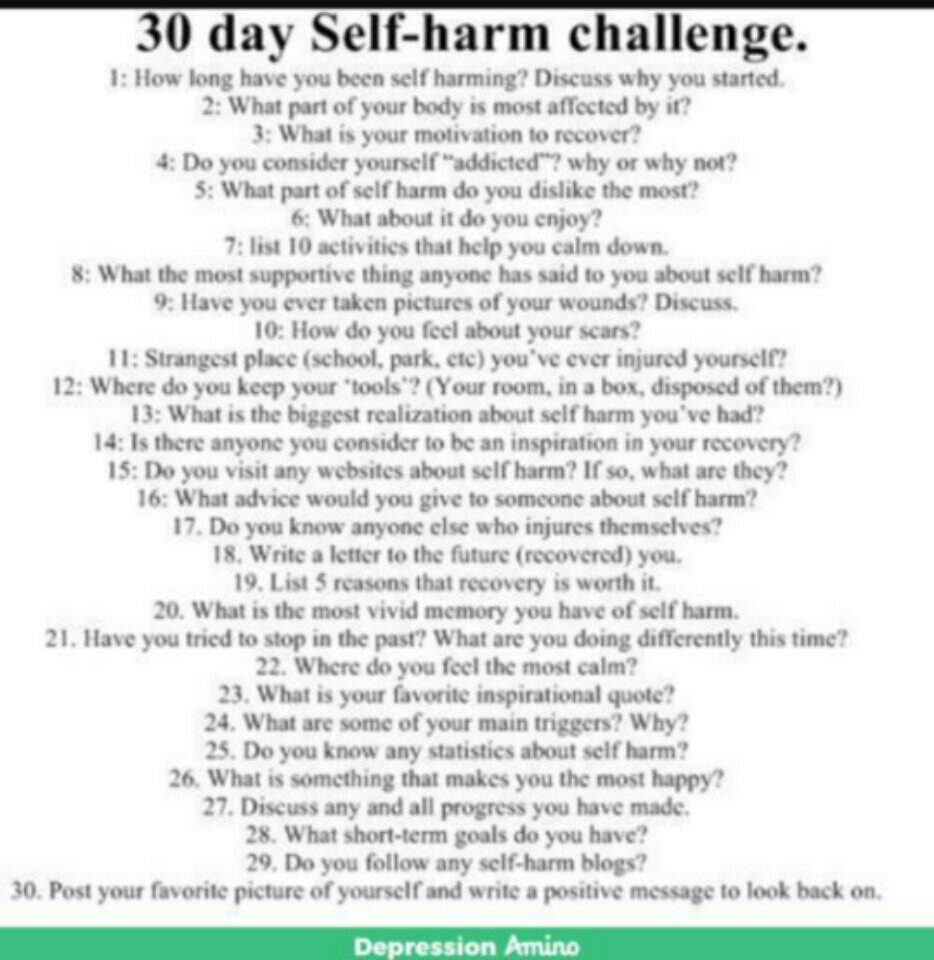 Day 1:i started cutting my wrist when i was 6 and the reason is ppl pushed  me around spit on me made funny of me hit me so on and so |