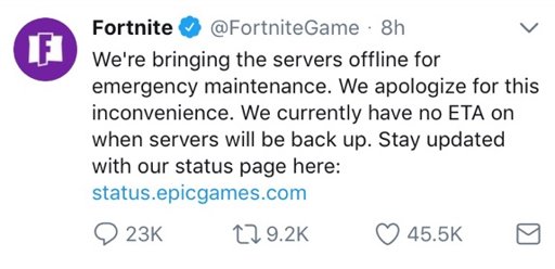 fix some bugs with some emergency maintenance again before posting about your inability to get on fortnite please go to the official fortnite twitter - fortnite emergency maintenance twitter