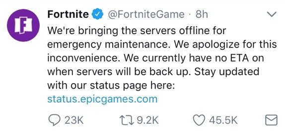 it has come to my attention that epic games have completely shut down their servers to fix some bugs with some emergency maintenance - fortnite emergency maintenance time