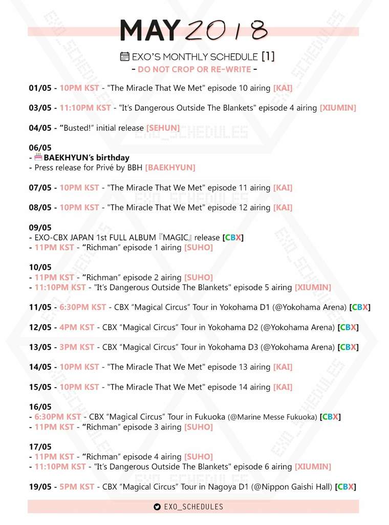 EXO's MAY Schedule 2018 Phixo EXO Amino