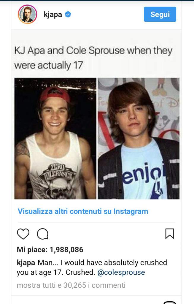 KJ APA publishes a meme on COLE SPROUSE: Cole's anwer will have fun ...