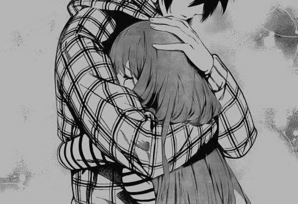 Anime girl hugging boy