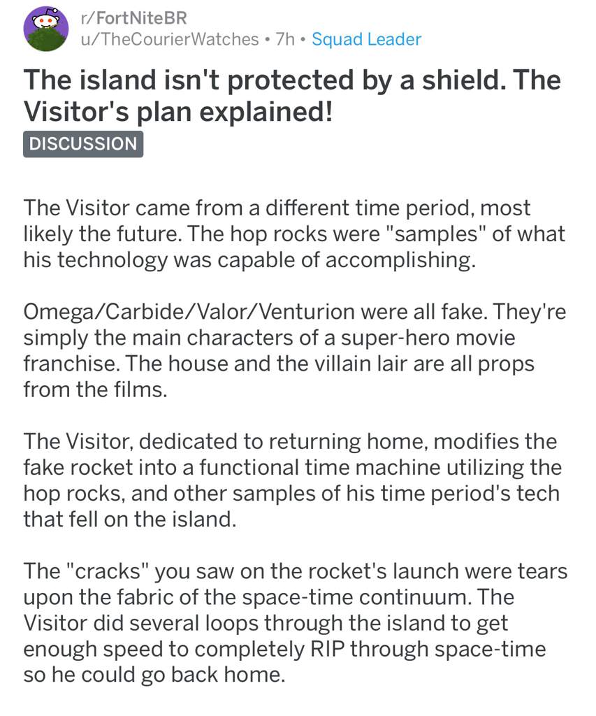 on reddit for this and it really makes sense how the visitor is from the future and he powered the rocket with hop rocks to go back to the future - fortnite hop rocks return