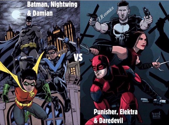 Batman, Nightwing & Damian Vs Punisher, Elektra & Daredevil | Comics Amino
