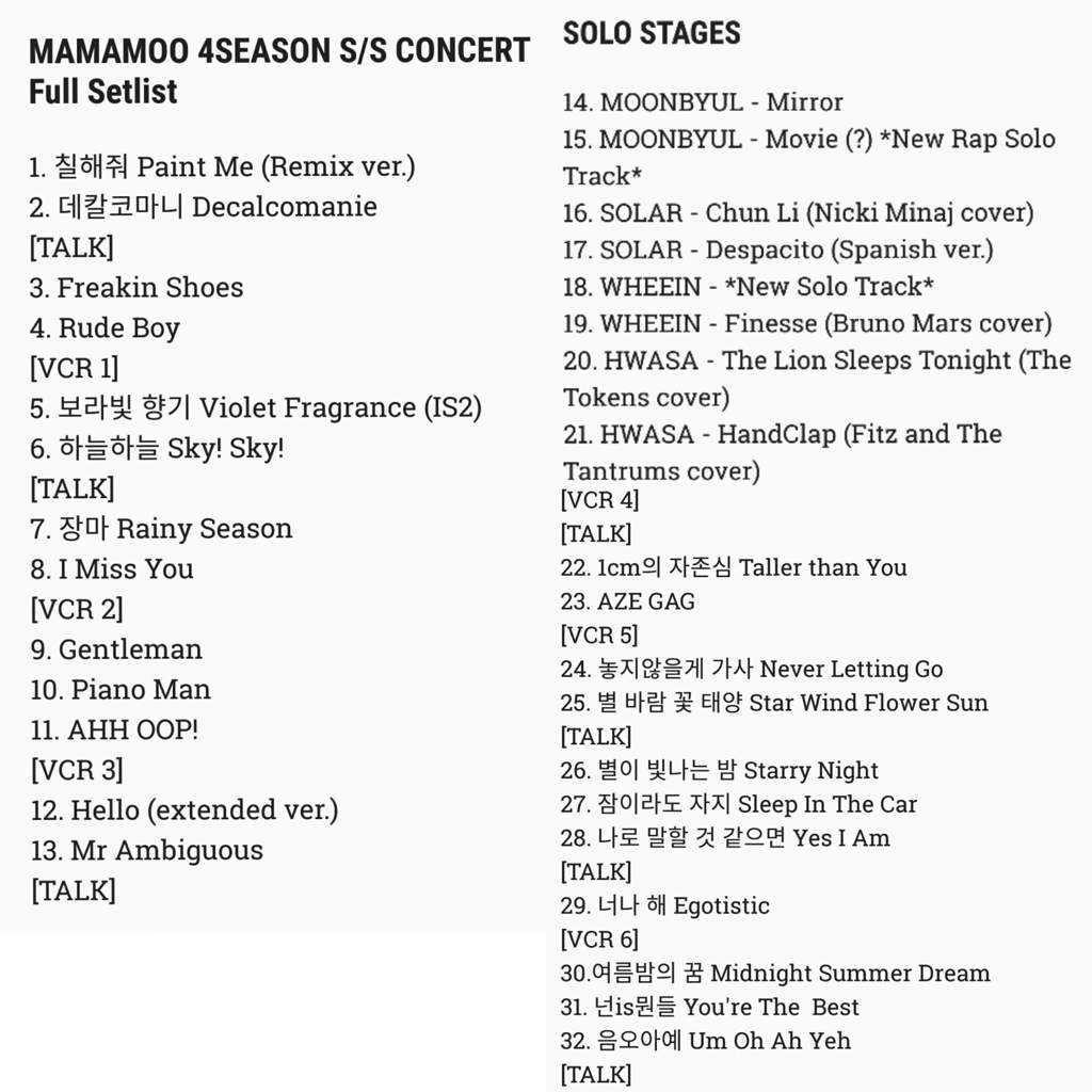 180818 MAMAMOO CONCERT 4season S/S in Seoul Day 1 Setlist and more