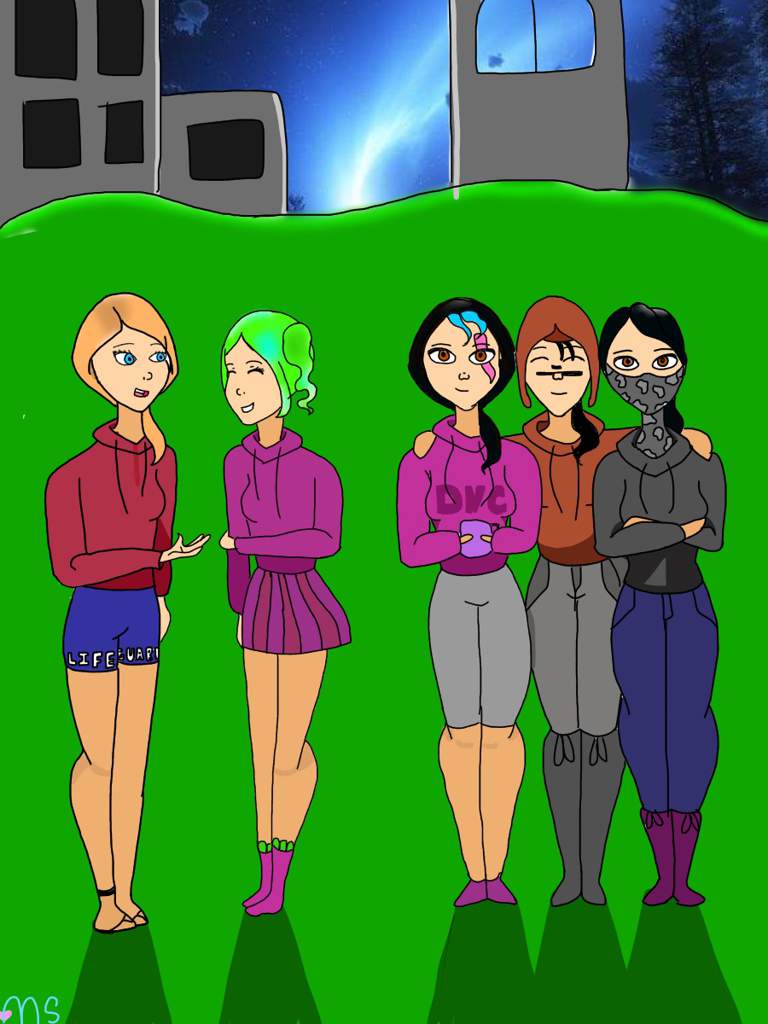 take one female character from each season then put them all together but not in their normal clothing so i decided to draw them outside - fortnite characters all together