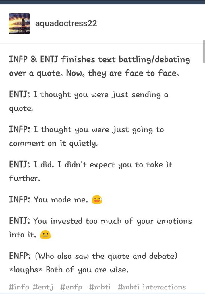 A Conversation Between An Infp Entj Myers Briggs Mbti Amino