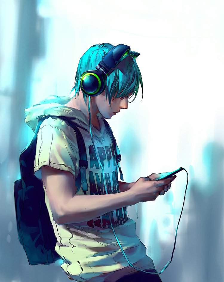 Anime cool boy with headphones