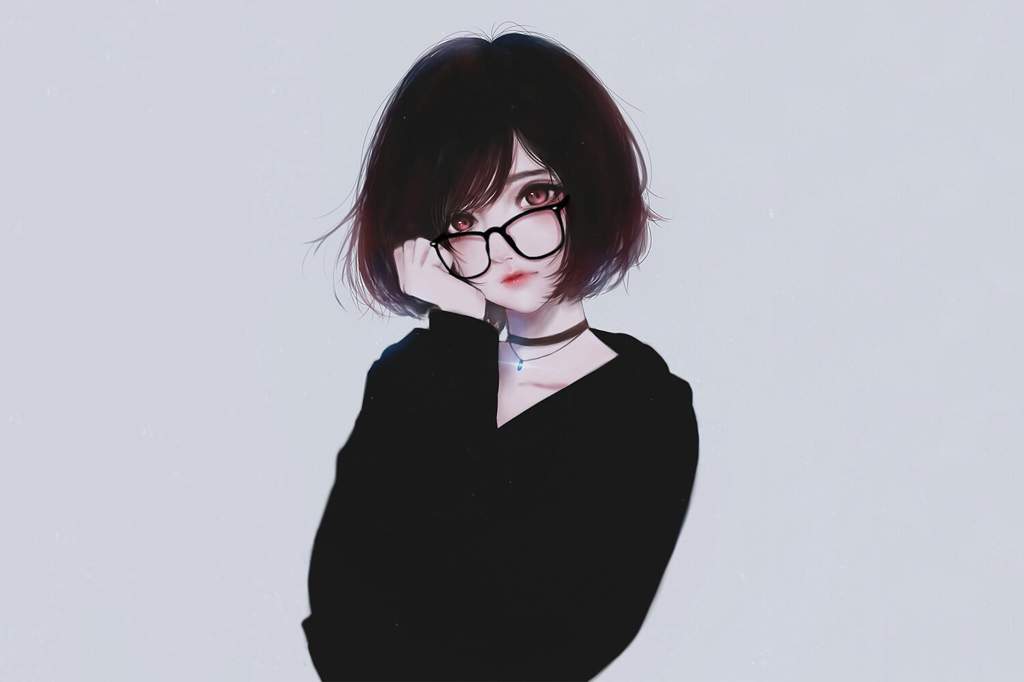 Anime girl with short black hair and glasses