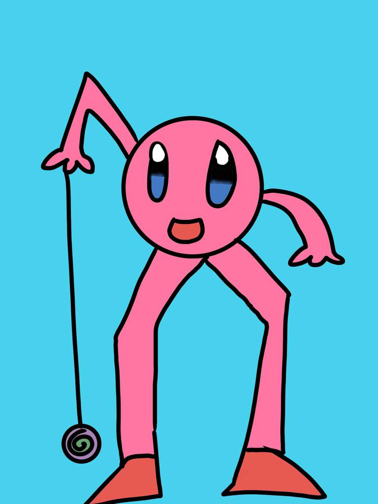 Kirby with long legs and long arms playing with a yo-yo.