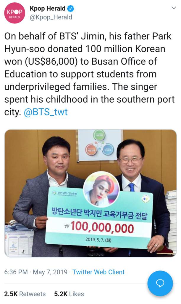 Jimin's father donates 100 million won to underprivileged families on