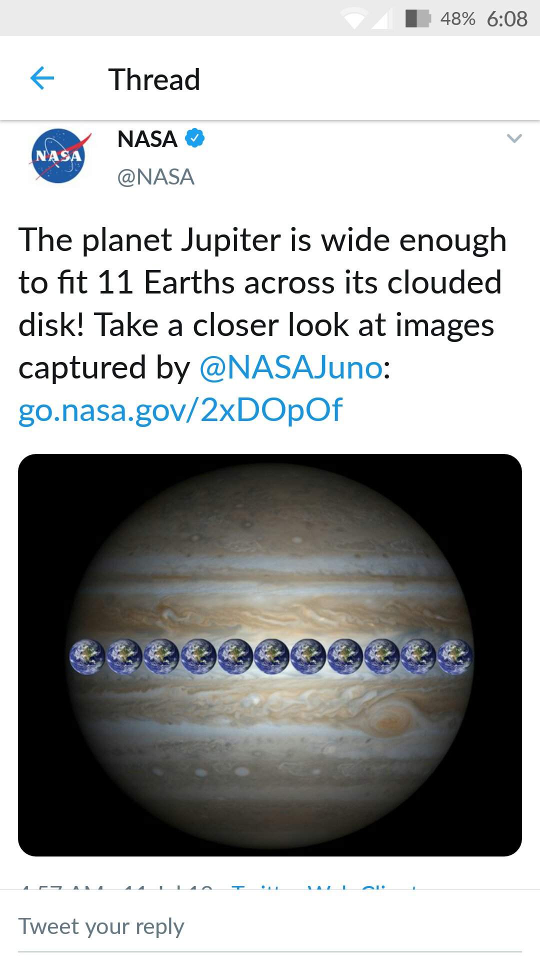 The planet Jupiter is wide enough to fit 11🌍Earths across its clouded ...