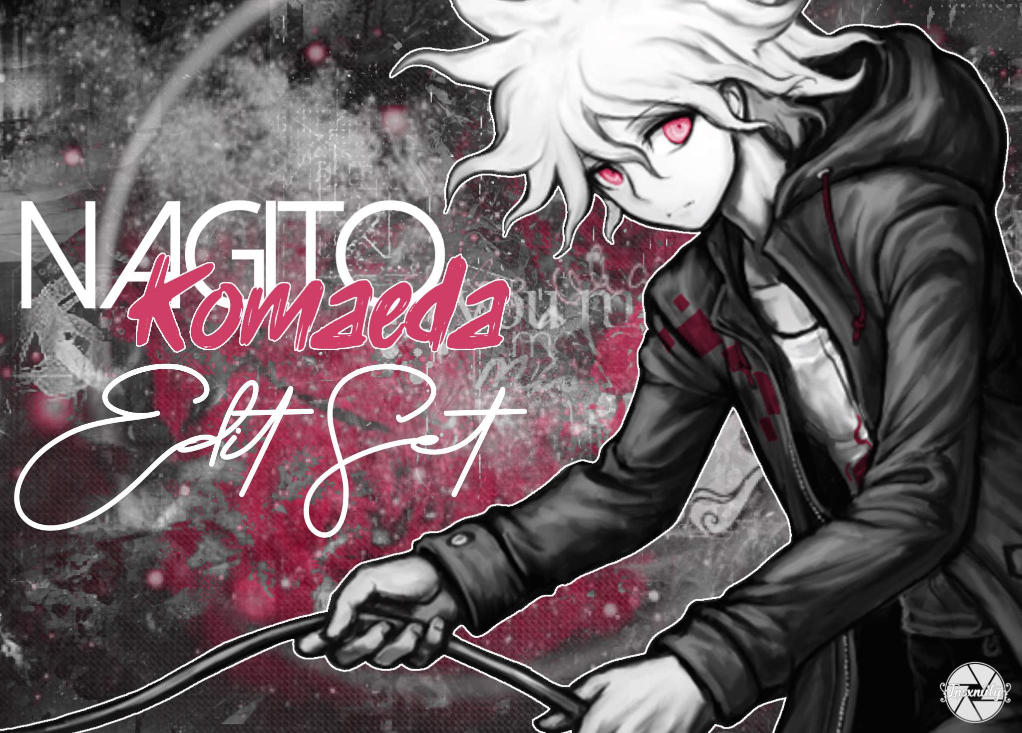Monochrome edits of Nagito but they also have pink in them ...