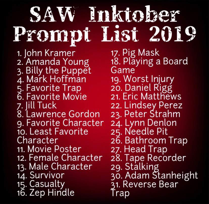 SAW Inktober Prompt List 2019 | SAW Amino