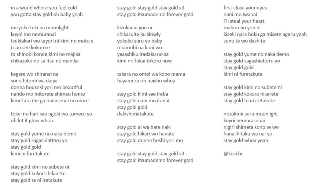 Stay Gold Lyrics Eng Rom Army S Amino