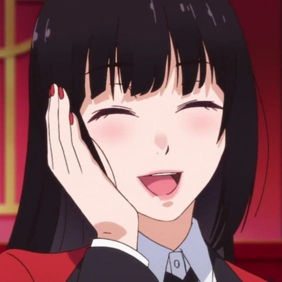 Yumeko Jabami is smiling brightly with her eyes closed and hand on her face.