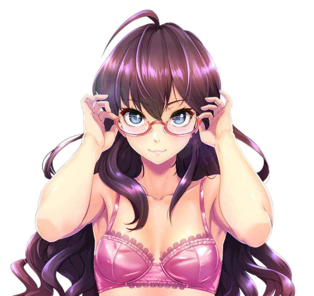 Аниме девушка с фиолетовыми волосами в очках