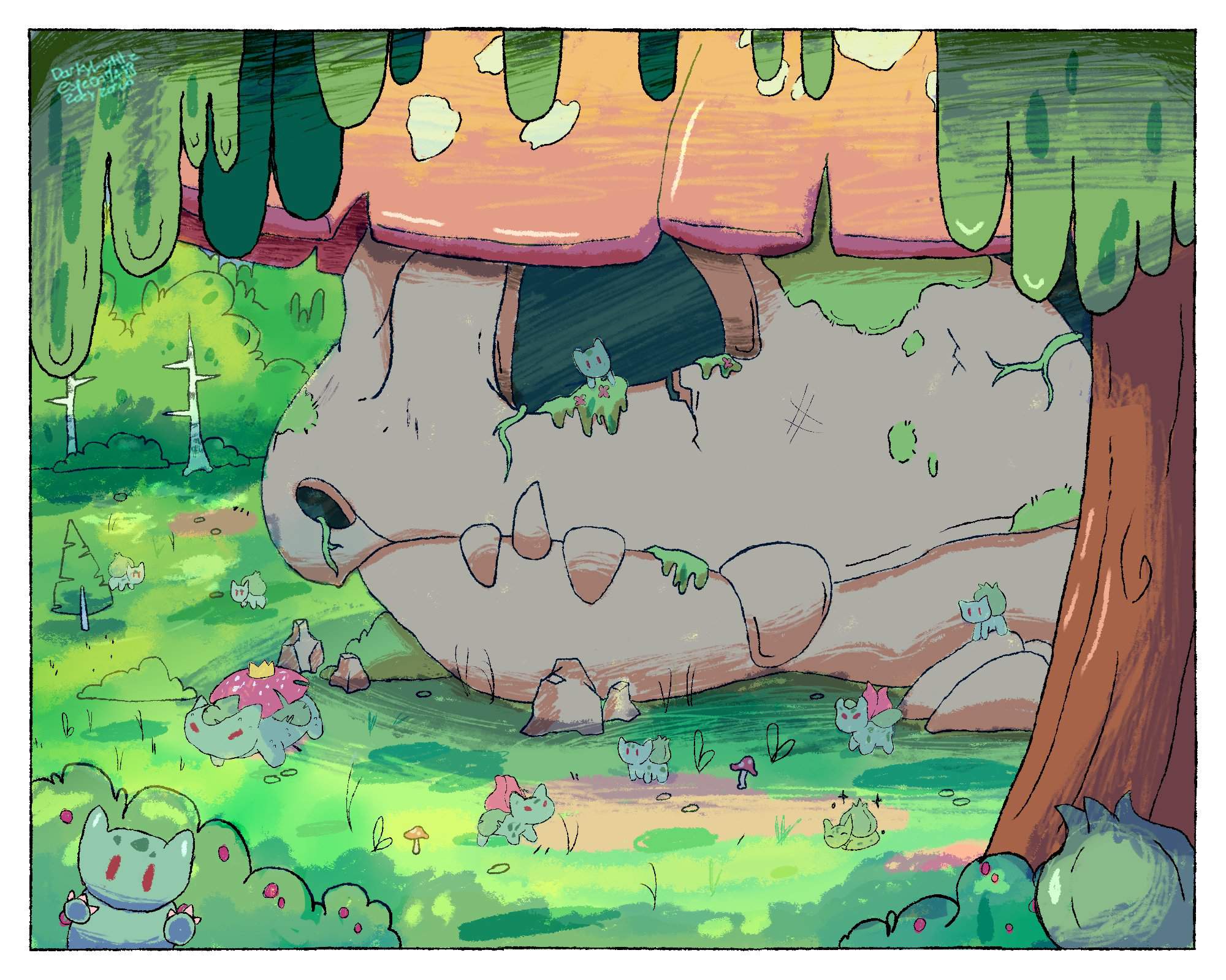 A family of the Bulbasaur line living in a skeleton | Pokémon Amino
