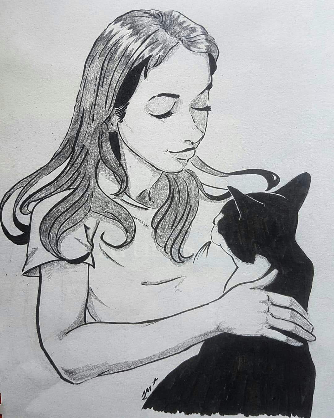 A girl & her cat | Art Amino