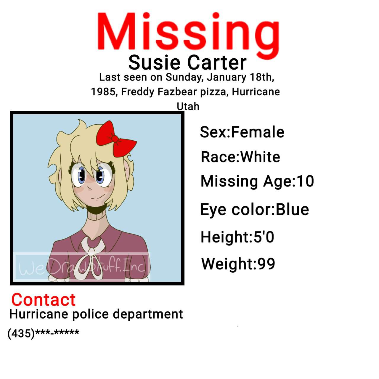 Susie missing poster+base | Five Nights At Freddy's Amino